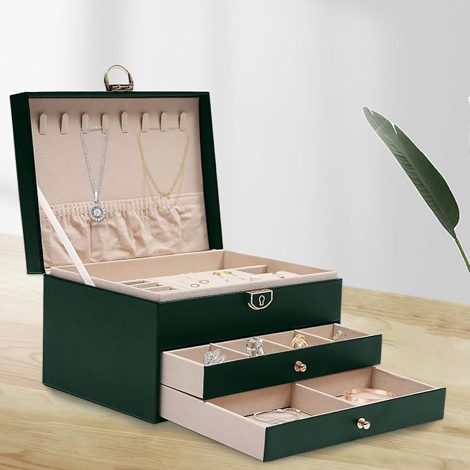 Jewelry Case 3 Layers Jewelry Organizer,Watch Box Earring Storage Box,Necklaces Holder Rings Organizer with Pull-Out Drawer,Lock,Green (Green)