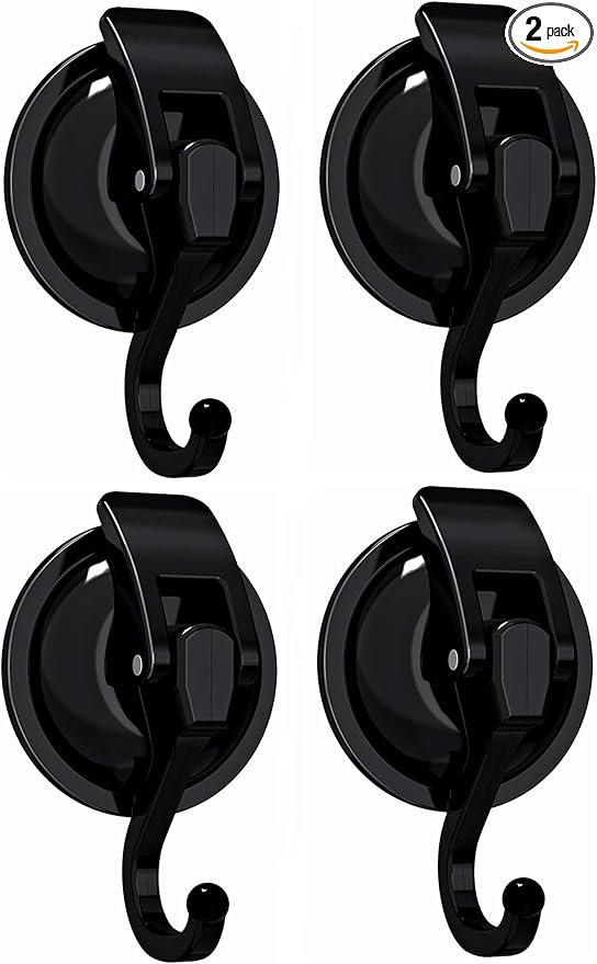 Suction Cup Hooks for Shower, Bathroom, Kitchen, Glass Door, Mirror, Tile – Loofah, Towel, Coat, Bath Robe Hook Holder for Hanging – Waterproof Wreath Hanger (4PACK, Black)