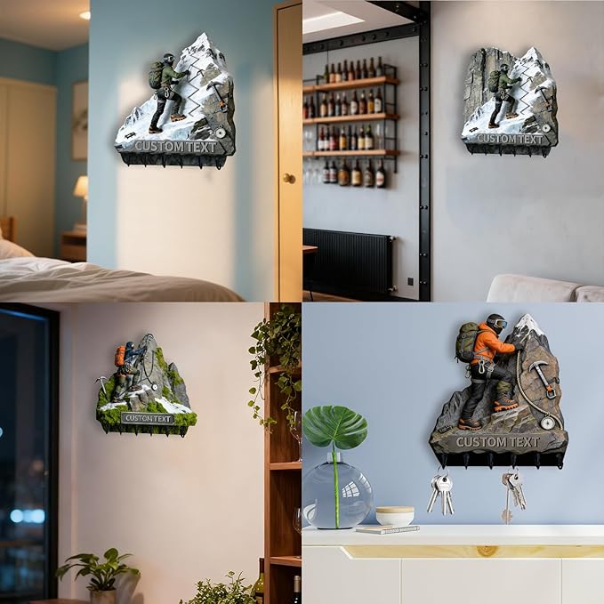 Personalized Name Climber Wall Hooks for Men Women Couple Family Mountaineering Enthusiasts Custom 2D Flat Print Mountaineer Themed Key Holder Mountain Theme Key Rack for Living Room Hallway Office