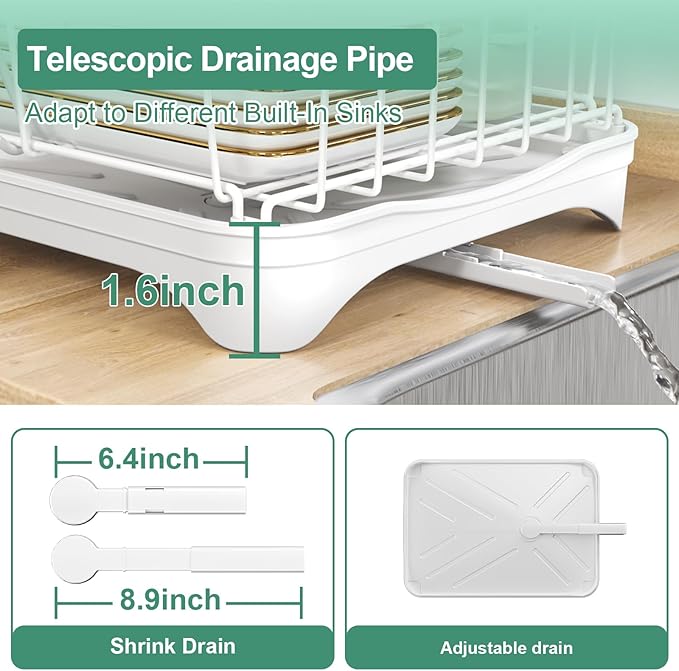 HOMEAILIE Dish Drying Rack, Two-Tier Dish Drying Rack with Utensil Holder and Cutlery Tray – Auto-Draining Large Capacity Dish Drainer with Drainboard for Kitchen Counter, White