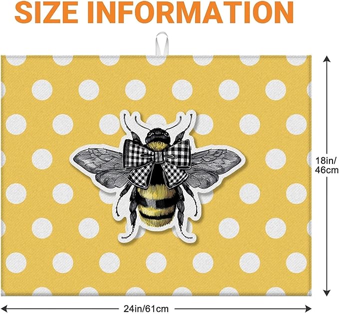 Dish Drying Mat For Kitchen Counter, Yellow Honey Bees Microfiber Absorbent Dish Drainer Rack Pad Reusable Large 18x24in Drying Mat