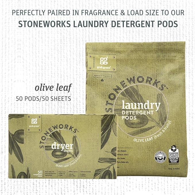 Grab Green Stoneworks Cruelty-Free Dryer Sheets | Softens Fabrics, Freshens Clothing & Reduces Static-Cling and Wrinkles | Plant Based | Olive Leaf Scent (160 Sheets)