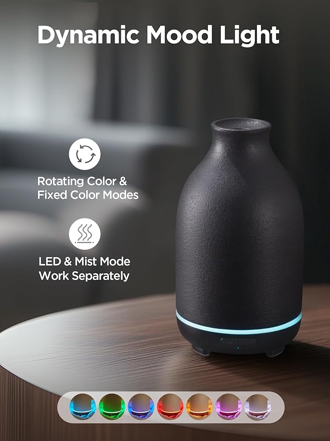 InnoGear Essential Oil Diffuser, 150ml Ceramic Stone Diffuser Handcrafted Aromatherapy Diffusers Ultrasonic Cool Mist Humidifier Vaporizor with 2 Mist Modes Waterless Auto Off for Room Office, Black