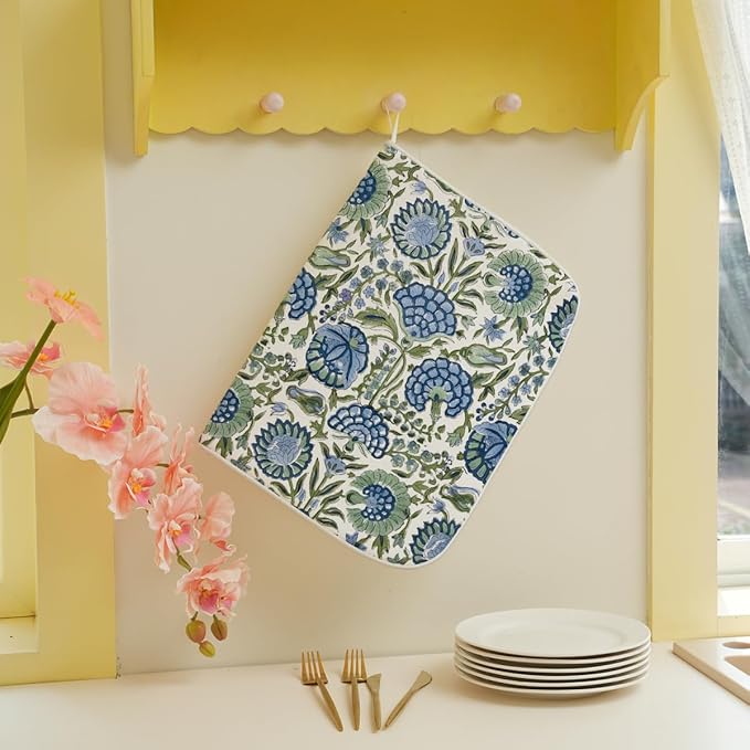 Vintage Blue Sage Green Floral Dish Drying Mat 18 x 24 Inch Boho Floral Drying Mat for Kitchen Counter Absorbent Flowers Dishes Dry Pad for Drainer Rack Kitchen Fast Dry