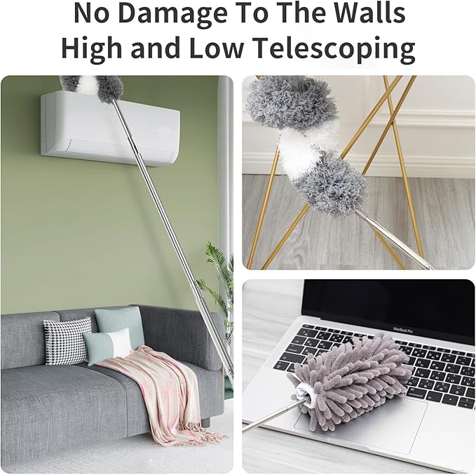 Telescopic Duster Long Extendable Up to 2.50M and Washable,Duster Telescopic Washable 7 Pieces for High Ceilings Ceiling Fan and Chandelier,Dust Mop with Blinds Cleaning Brush-JOVANT (HTJ001)