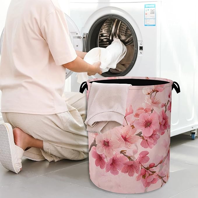 Cherry Blossoms Laundry Basket,Japanese Foldable Oxford Cloth Tote Bag Laundry Hamper Clothes Storage Bucket Organizer for Bedroom Laundry Storage Dormitories 16" x 20.8"