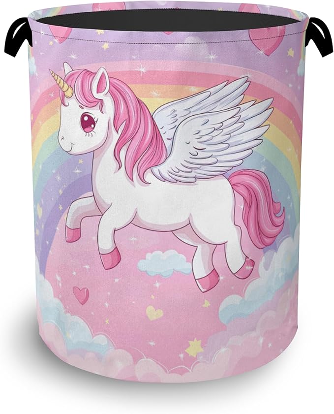 Cute Unicorn Laundry Basket,Rainbow Foldable with Handles Tote Bag Oxford Cloth for Bathroom Bedroom Dirty Clothes Storage Bucket 16" x 20.8"