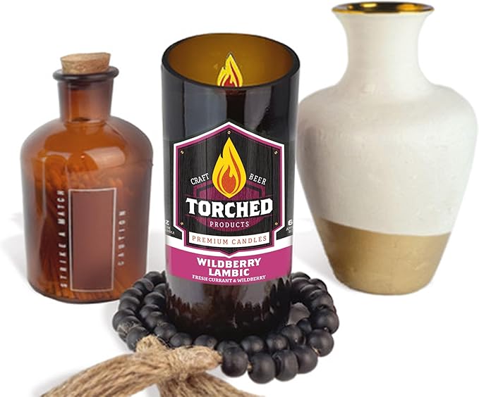 Torched Beer Scented Candles | Natural Soy Wax Candle | Wildberry Lambic Scent 8 oz | Makes a Great Gift for Men, Beer Lovers, and Collectors | Bar Man-Cave Decor and Accessories