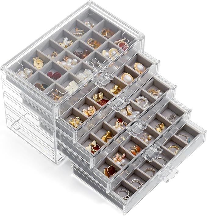 Jewelry Organizer with 5 Drawers Clear Acrylic Earring Display Case Velvet Jewelry Storage Box Display Holder for Earring Ring Bracelet Necklace (Gray, 90 Grids)