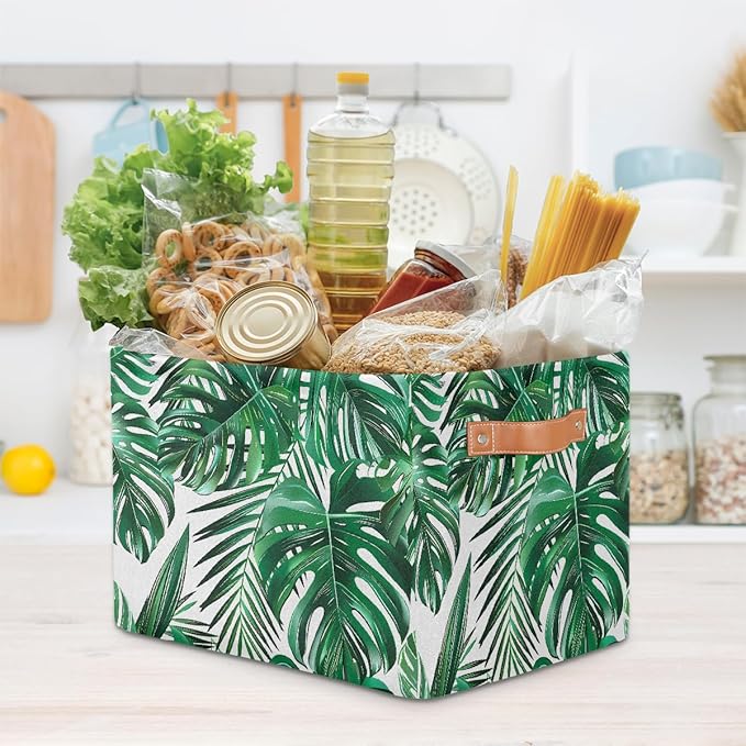 Tropical Palm Leaves Storage Basket for Shelves, Storage Bins with Handles, Collapsible Basket for Organizing, Closet Toy Baskets for Nursery Room, 15x11x9.5 in, Canvas, Green Monstera Leaf