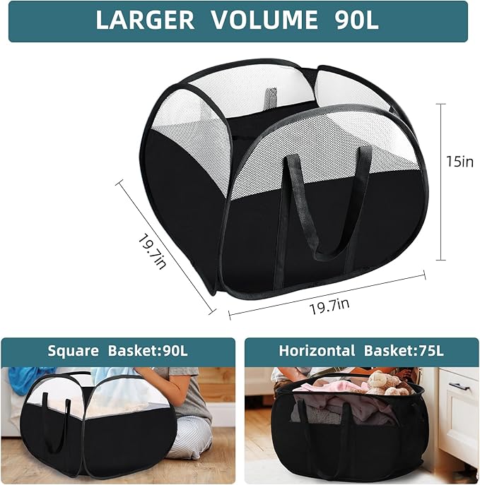 2 Pack Collapsible Laundry Baskets, 90L Large Foldable Laundry Basket, Pop Up Hampers for Laundry, Dirty Clothes Laundry Hamper for Bedroom, Bathroom, Dorm, Laundry Room, Travel or Camping Black