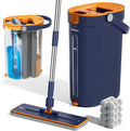 HoMettler Mop and Bucket Set with Wringer, 3-Tank Flat Mop and Bucket System, Wall Mop Cleaner with Long Handle, Hands Free Mops for Floor Cleaning with 8 Microfiber Pads