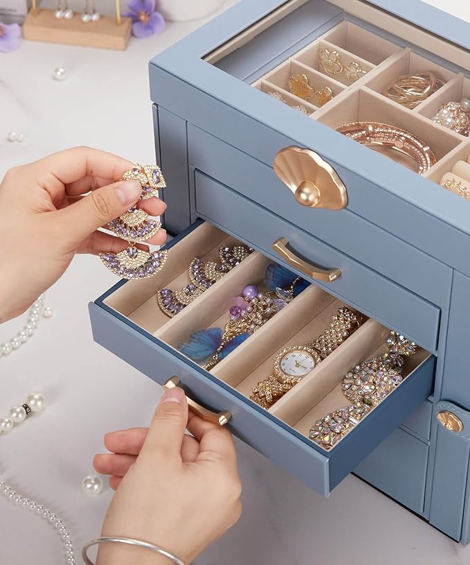 Jewelry Box with 4 Drawers: Display Organizer for Earrings Necklaces - Gifts for Girls Women (Grey Blue)