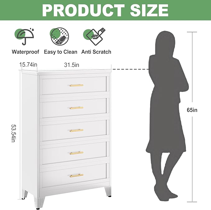 Metal Dresser Tall White Dresser for Bedroom Chest,53.54" H White Drawer Chest, Closet Dressers & Chests of Drawers for Living Room, Hallway (5 Drawers Rounded Corners)