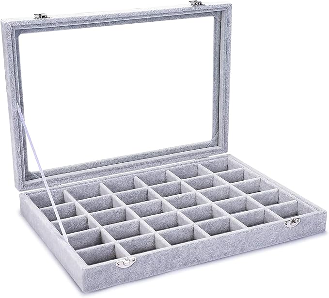 Jewelry Organizer Tray with Clear Lid 30 Grid Velvet Drawer Insert Jewelry Storage box with Glass lid Display Case Store Showcase Holder with Lock Gifts for Women(Grey, 30 Grid)