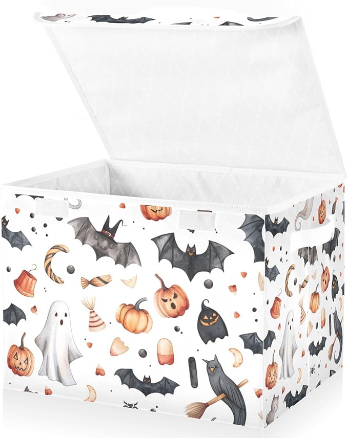 Halloween Baskets Collapsible Storage Bins with Lids, Bats Pumpkins Halloween Storage Boxes Clothes Baskets for Organizing