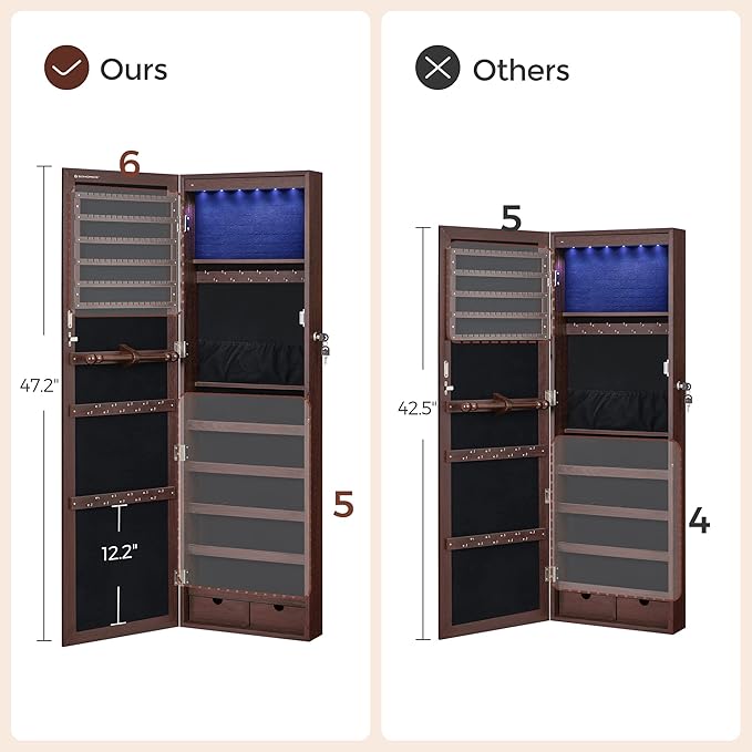SONGMICS 6 LEDs Mirror Jewelry Cabinet, 47.2-Inch Tall Lockable Wall or Door Mounted Jewelry Armoire Organizer with Mirror, 2 Drawers, 3.9 x 14.6 x 47.2 Inches, Brown UJJC93K
