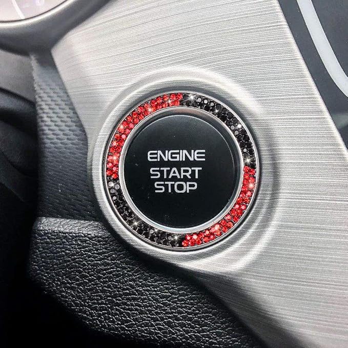 ToBeQueen Black and Red Bling Push Button Start Ring Emblem Sticker,Crystal Rhinestone Interior Engine Start Stop Car Bling Ring Decoration for Women, Pure Handmade Diamond Decor,Red and Black