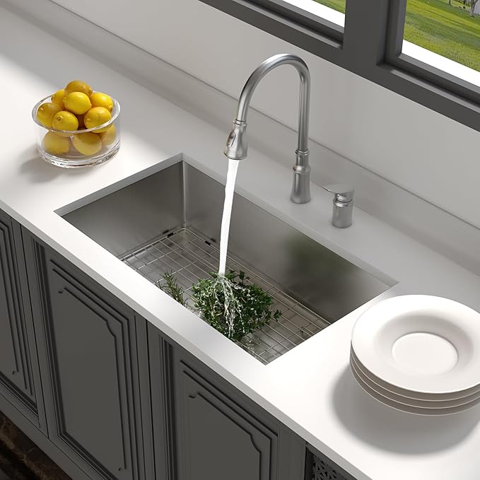 Lordear 33 Undermount Kitchen Sink 33x19x10 Inch Stainless Steel Single Bowl Kitchen Sinks Round Corner 16 Gauge Handmade Under Counter Sinks Basin
