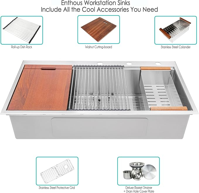 42” x 22” Workstation Topmount/Drop-in Stainless Steel Sink, 16-Gauge Bowl w/Integrated Ledge, 15mm Radius, Accessories Includes Bottom Grid, Dish Rack, Colander, Strainer & Cutting Board