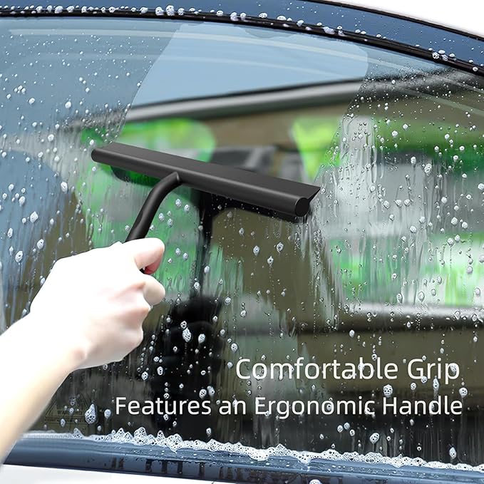 ecooe Silicone Shower Squeegee with Hanger, 11″/28cm Shower Squeegee for Glass Doors, Black Window Squeegee Scraper with Stainless Steel Core for Home Bathroom Kitchen Car Glass Doors