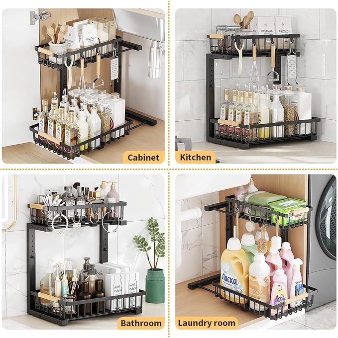ZMJESSNIA Under Sink Organizer, 2 Tier Under Sink Organizers and Storage, Metal Slide out Pull out Cabinet Organizer ，2 Pack Sliding Drawer Organizer for Kitchen Bathroom Pantry