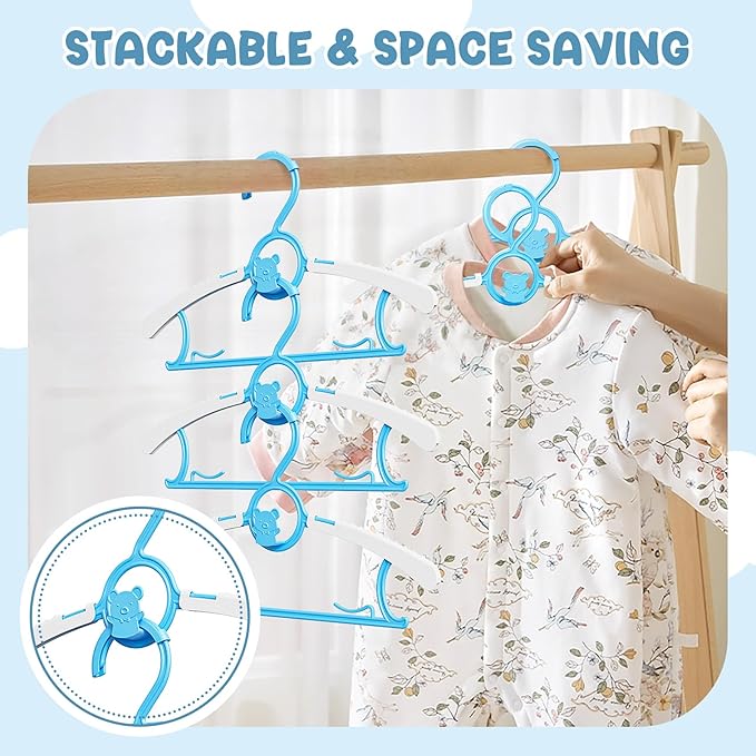 30 Pack Kids Hangers for Nursery Closet, Adjustable Non-Slip Toddler Baby Hangers with Windproof Buckle, 11-14" Infant Child Plastic Clothes Pant Hanger for Boys Girls Newborn Adult, Blue