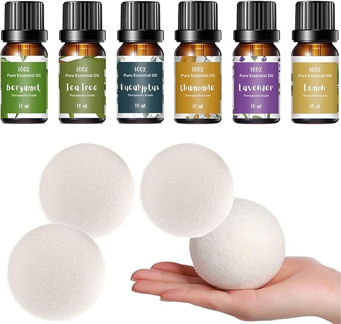 Wool Dryer Balls & Essential Oils for Laundry Set Bundle – 4 XL Organic Wool Balls and 6 Most Popular 100% Pure Therapeutic Grade Aromatherapy Oil Set Bundle
