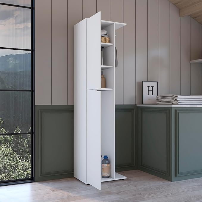 Freestanding Austin Storage Closet in White - Ideal for Organizing Brooms, Cleaning Products, and More with Sturdy Construction