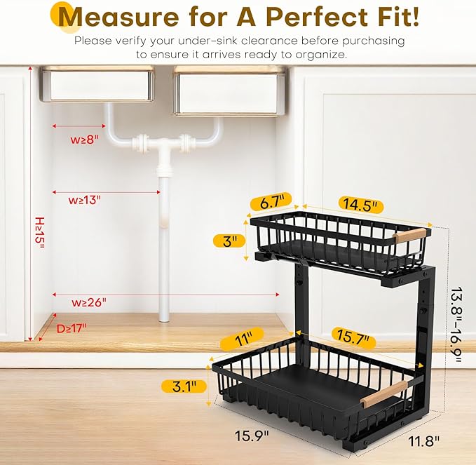 ZELOREA Under Sink Organizer, Heavy-Duty & Rust-Resistant Carbon Steel Metal, 2 Tier Pull Out Under Bathroom Sink Storage, Adjustable Height (13.8" -16.9"), Organizer for Kitchen Cabinet(2PCS,Black)