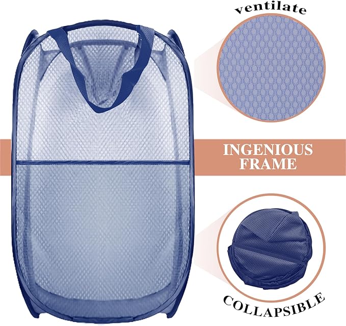 Buyongwant Collapsible Pop Up Laundry Hamper, Extra Large Mesh Foldable Laundry Basket, 28" x 16" x 16" (Blue)