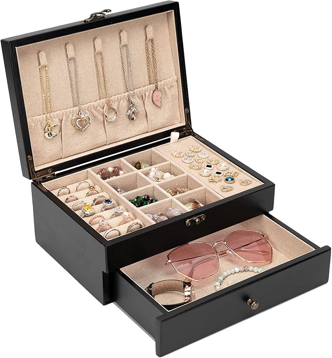 Pinzoveco Jewelry Box for Women, Rustic Wooden Jewelry Organizer Box for Storage Earrings Rings Necklace Bracelet, Farmhouse Style Wood Jewelry Boxes & Organizers (Black)