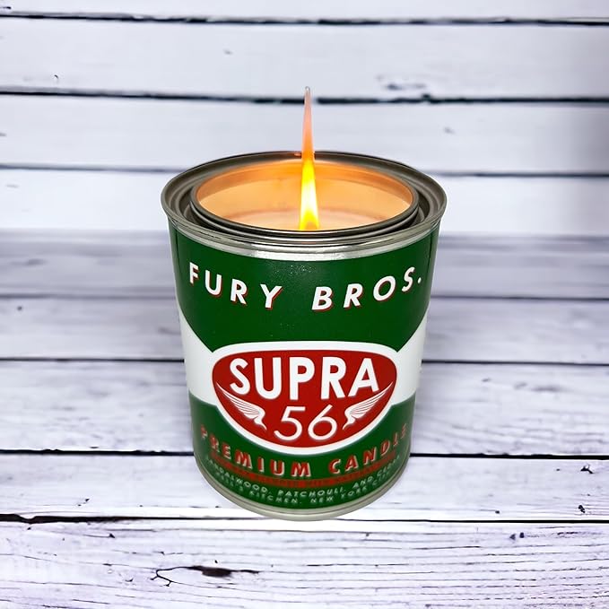 Fury Bros. Scented Candles for Men | Supra 56 | Sandalwood Patchouli Cedar | Natural Soy Wax | Hand-Poured in The USA | Long 70-80 Hour Burn (12.5 oz) | Vintage-Inspired Tin Design | Dad Home Gift