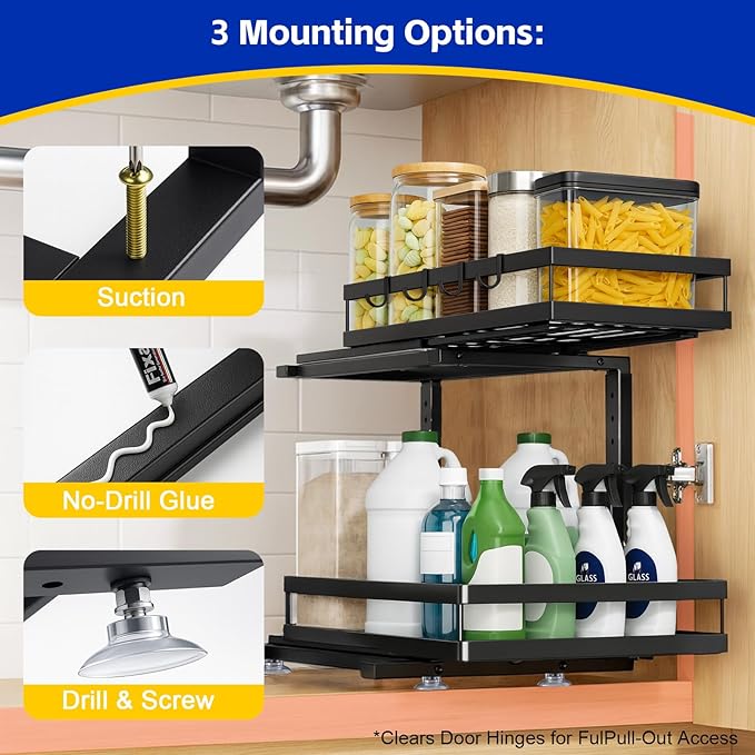Under Sink Organizer, Dual-Rail Ball-Bearing, Under Kitchen Sink Organizer, 6-Level Adjustable, Under Cabinet Organizer, No-Drill Adhesive/Suction, Under Sink Storage (Matte Black, 2-Pack)