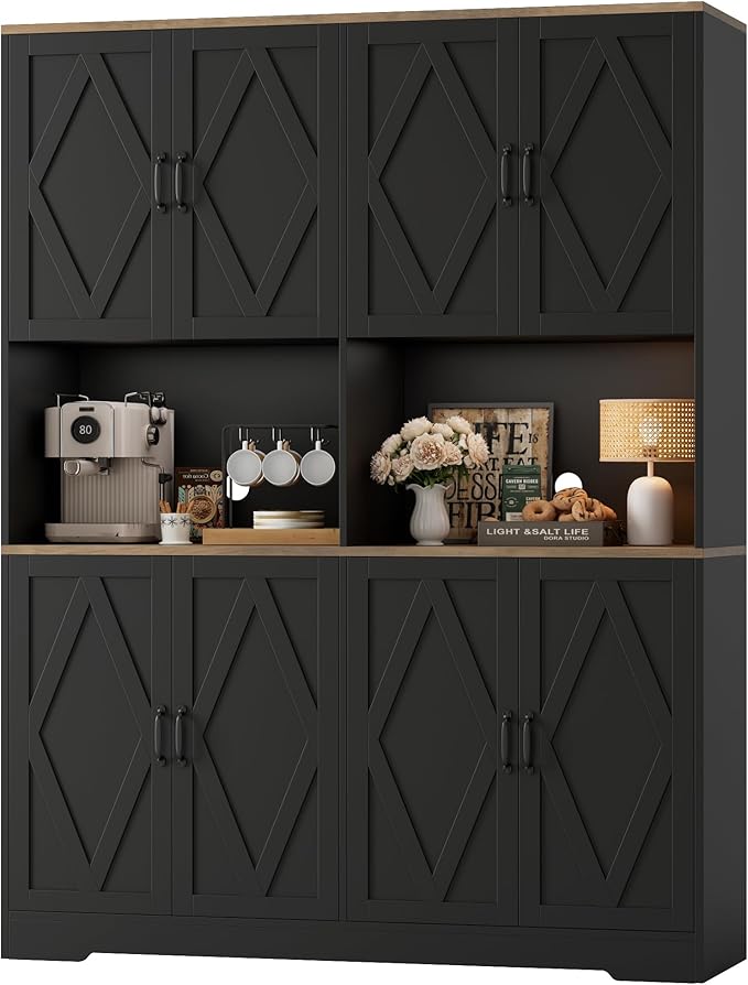 HOSTACK 71" Tall Pantry Cabinet, 55" Wide Kitchen Pantry Storage Cabinet, Large Kitchen Hutch with 2 Microwave Stands, Farmhouse Coffee Bar Station with Doors and Shelves for Dining Room, Black