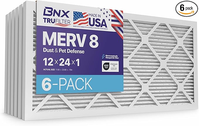 BNX TruFilter 12x24x1 Air Filter MERV 8 (6-Pack) - MADE IN USA – Dust & Pet Defense Electrostatic Pleated Air Conditioner HVAC AC Furnace Filters for Dust, Pet, Mold, Pollen MPR 600 – 700 & FPR 5