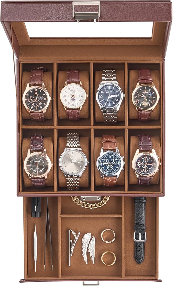 ProCase Watch Case, 8 Slot Mens Watch Box Holder Organizer with Glass Lid, 2-Layer Watches Display Case, Mens Jewelry Box with Drawer, Birthday Valentine Gifts for Men Women -8 Slot, Espresso