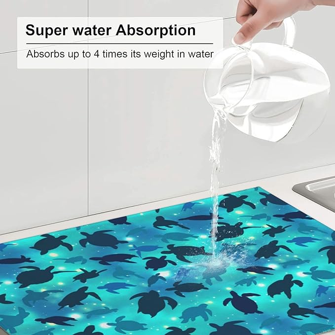 Sea Turtles Blue Dish Drying Mat For Kitchen Counter Absorbent Microfiber Dishes Pad Dish Drainer Rack Mats Fast Dry Reusable Washable Large 18"x24"