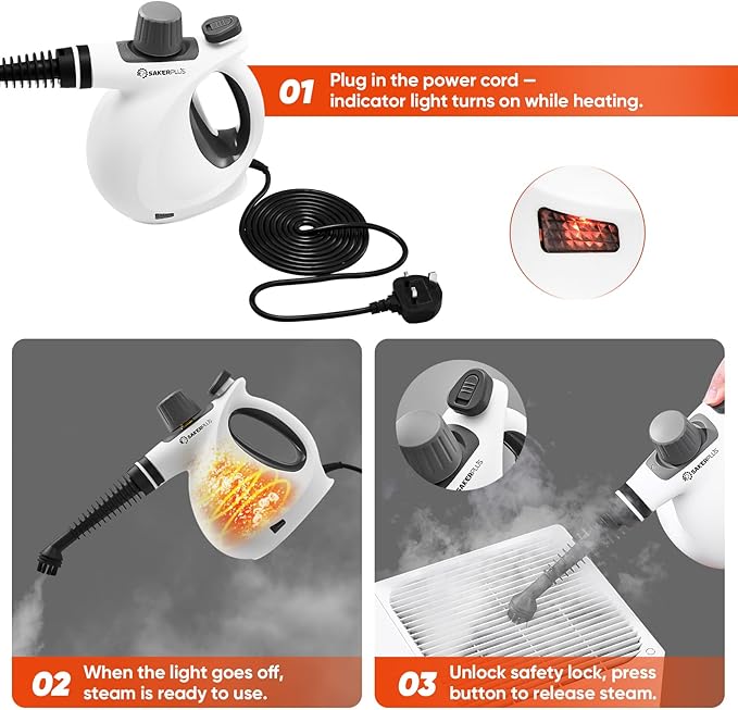 SakerPlus Steam Disinfection Cleaner, Handheld Pressurized Steamer with 9-Piece Accessories for Multi-Surface Cleaning, Natural Sanitization for Kitchen, Floor (1 x Steam Cleaner Kit + 4 Fiber Cloths)