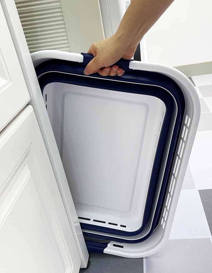 SAMMART 42L (11 Gallons) Collapsible Plastic Laundry Basket - Foldable Pop Up Storage Container/Organizer - Portable Washing Tub - Space Saving Hamper/Basket [BPA Free] (White/Starry Blue (Set of 2))