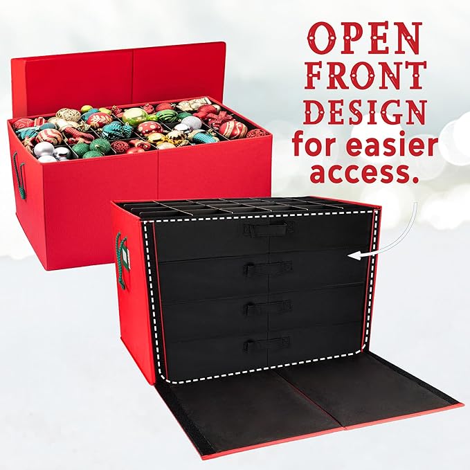 HOLDN’ STORAGE Christmas Ornament Storage Box with Dividers, Stores Ornaments up to 96 of 3 Inch Large Christmas Ball Storage Containers with 4 Trays - Red