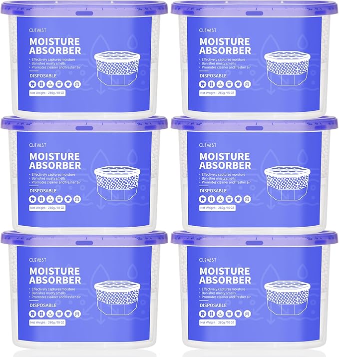 CLEVAST Moisture Absorber Boxes 6 Pack, 10 Oz Dehumidifier for Closet & Bathroom, Humidity Absorber for Wardrobe, Bedroom, RV & Car, Fragrance-Free Moisture Control, Unscented