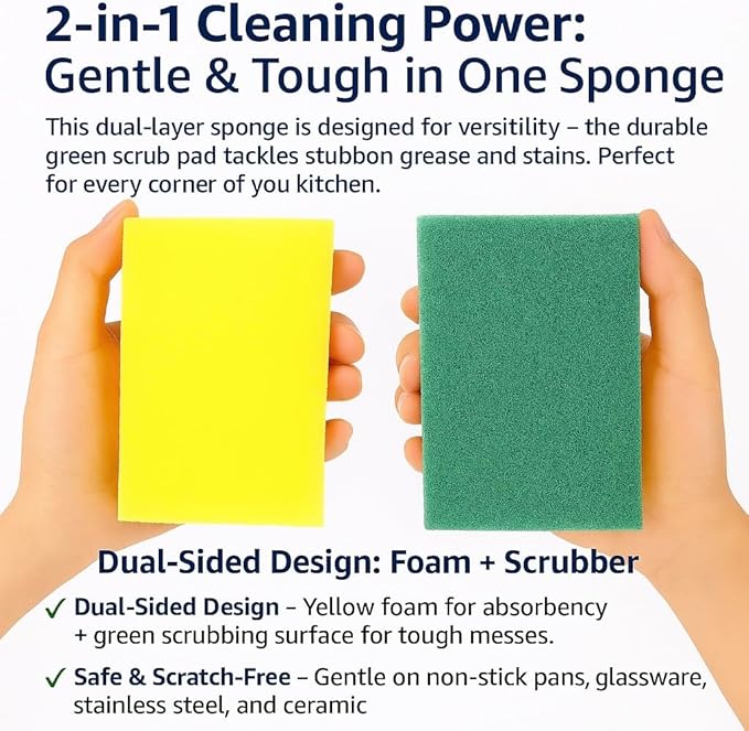 The FaarSky Double-Sided Kitchen Cleaning Sponges, 10-Pack, Heavy-Duty Scrubbing and Soft Absorbent Sides, Non-Scratch