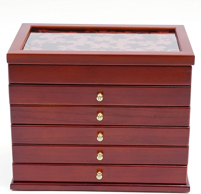 Eapmic Extra Large Four-Leaf Carved 6 Layers Wooden Jewelry Box Jewelry Case Cabinet Armoire Ring Necklacel Gift Storage Box Organizer (Brown)