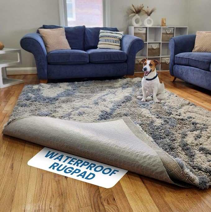 RugPadPets Waterproof Rug Pad Gripper 9x12 ft (1/4" Medium) – Non-Slip Underlay for Area Rugs, Runners, Carpet – Cushioned Padding for Hardwood, Vinyl, Concrete Floors – Washable Mat Protector