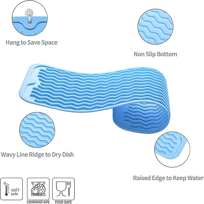 MicoYang Silicone Dish Drying Mat for Multiple Usage,Easy clean,Eco-friendly,Heat-resistant Silicone Mat for Kitchen Counter,Sink,Bar,Bottle,or Cup Light Blue M 17 inches x 6 inches