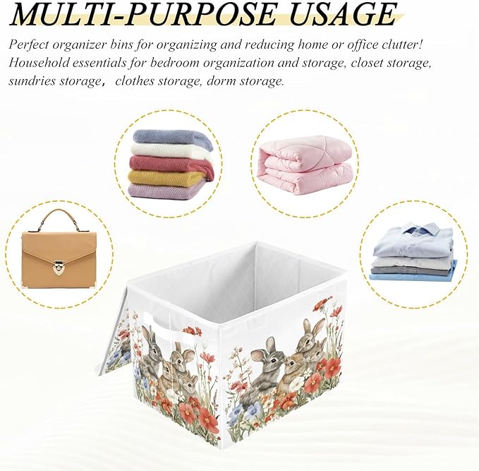 senya Easter Baskets Collapsible Storage Bins with Lids, Red Flowers Bunnies Storage Boxes Clothes Baskets for Organizing