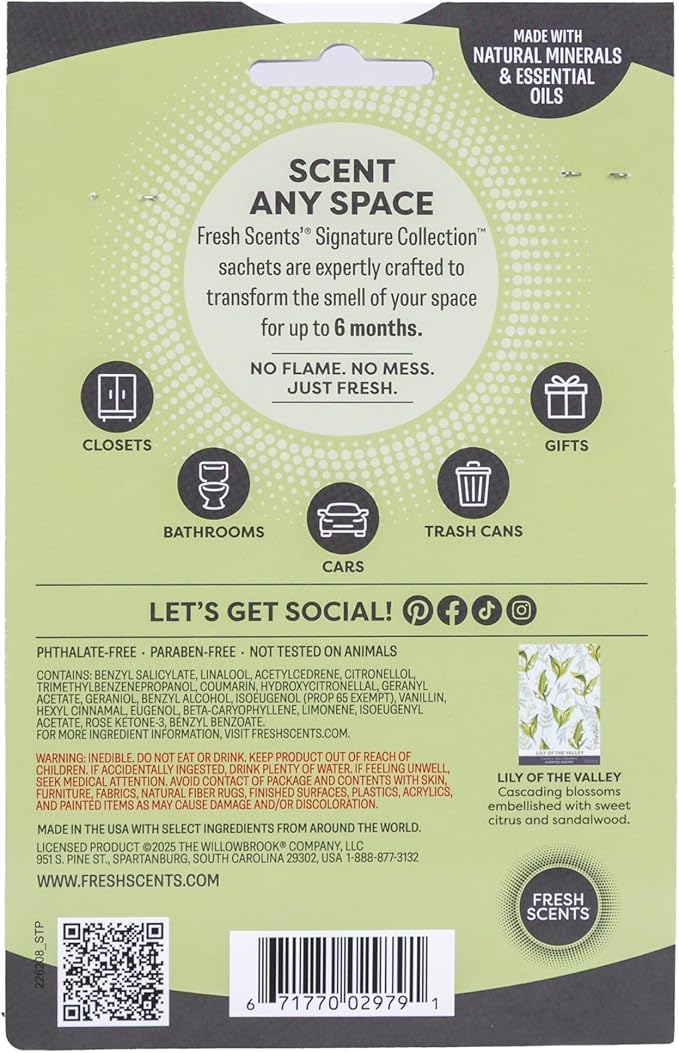 Fresh Scents Scented Sachets | Lily of The Valley | Home Fragrance | Long Lasting (Up to 6 Months) | Air Freshener for Closets, Drawers, & Cars | 6 Pack