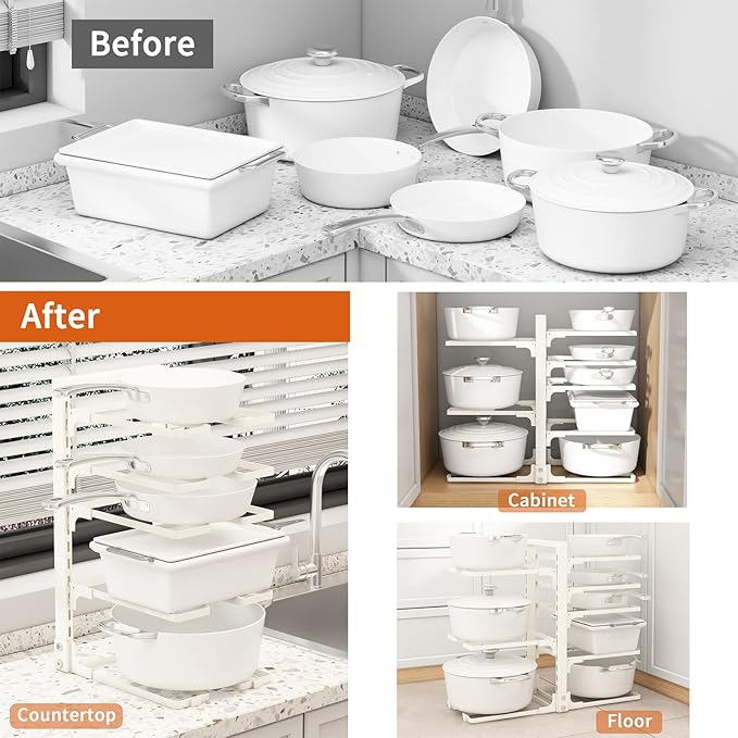 Fovkdcvw Adjustable Pots and Pans Organizer Under Cabinet, 8-Tier Pot and Pan Organizers Inside Cabinet, Kitchen Cabinet Organizers and Storage, White