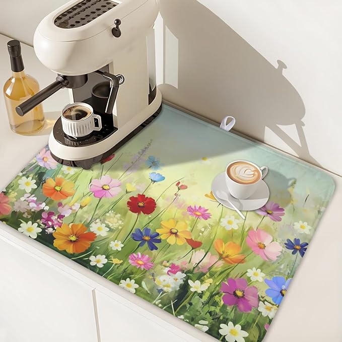ABSOP Spring Summer Daisy Dish Drying Mat 18 x 24 Inch Colourful Floral Pattern Dish Drainer Rack Mat Absorbent Microfiber Mats Holiday Dish Pad for Kitchen Coffee Dining Bar Decor